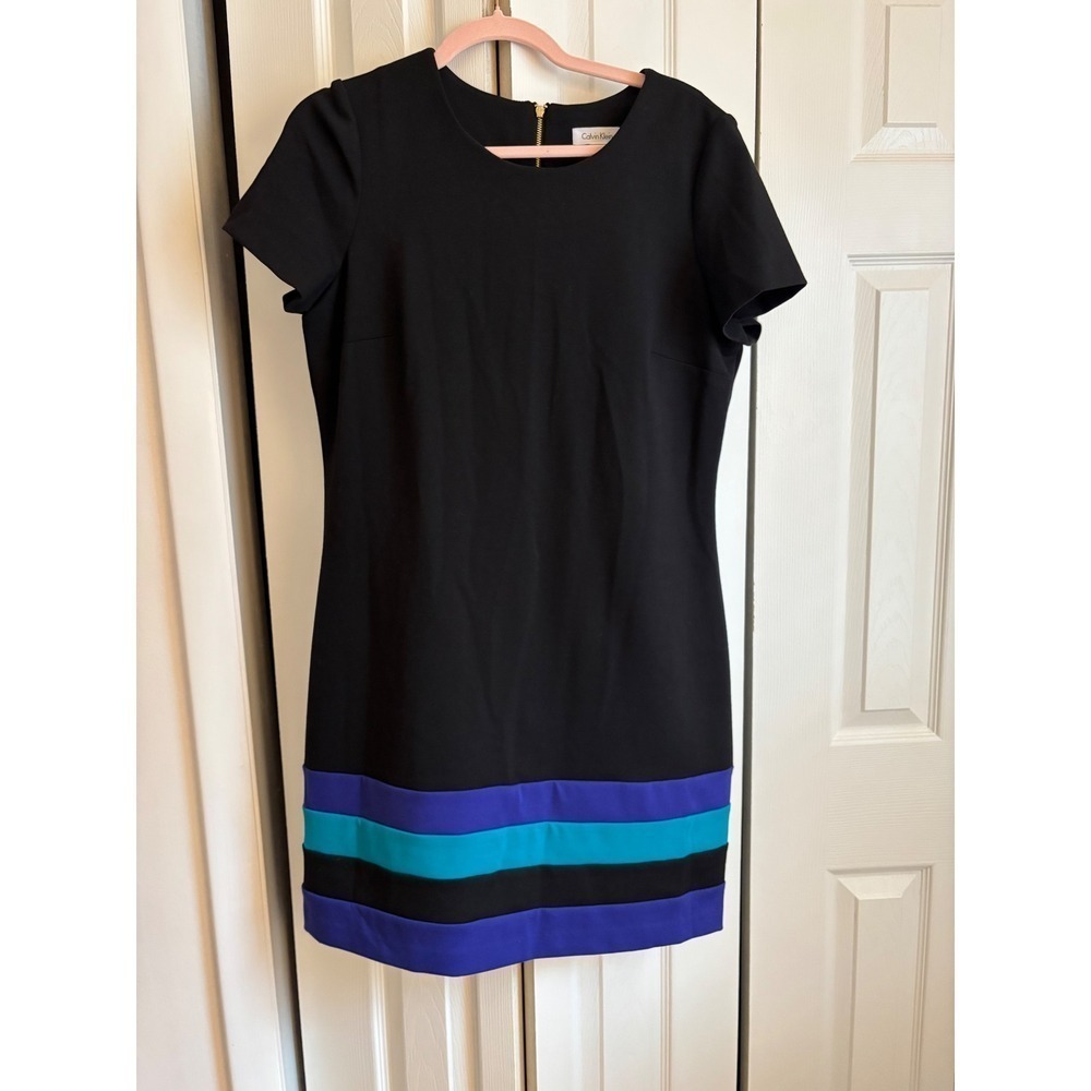 Calvin Klein Dress Size 12 Black Colorblock Blue Career Work Sheath Gold Zip - Picture 2 of 5